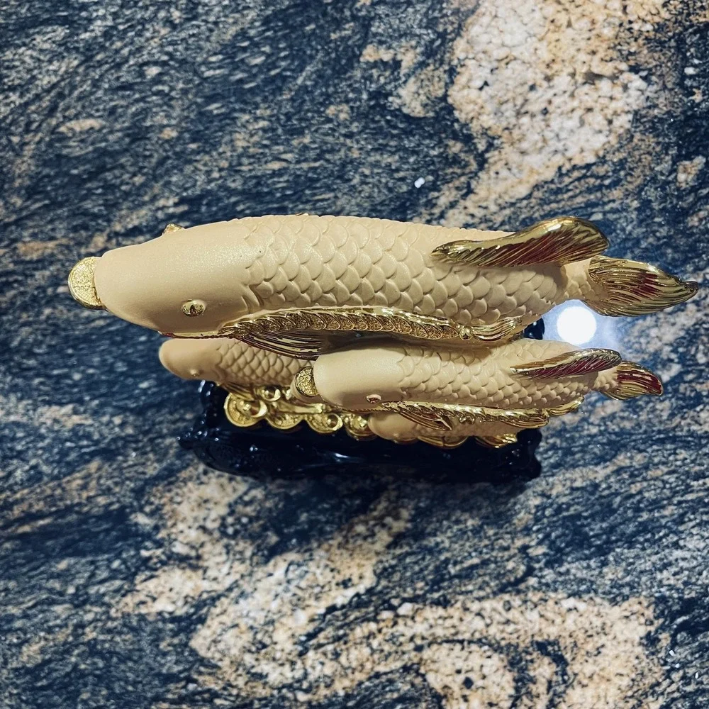 Gold Arowana Fish Feng Shui Resin Figurine Chinese Wealth‎ Coins Decor Small